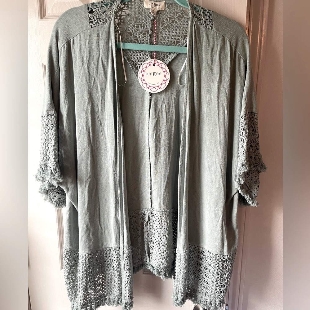 NWT Umgee Linen and Crochet Open Front Over-piece. Dusty Sage. *Fits like L/XL